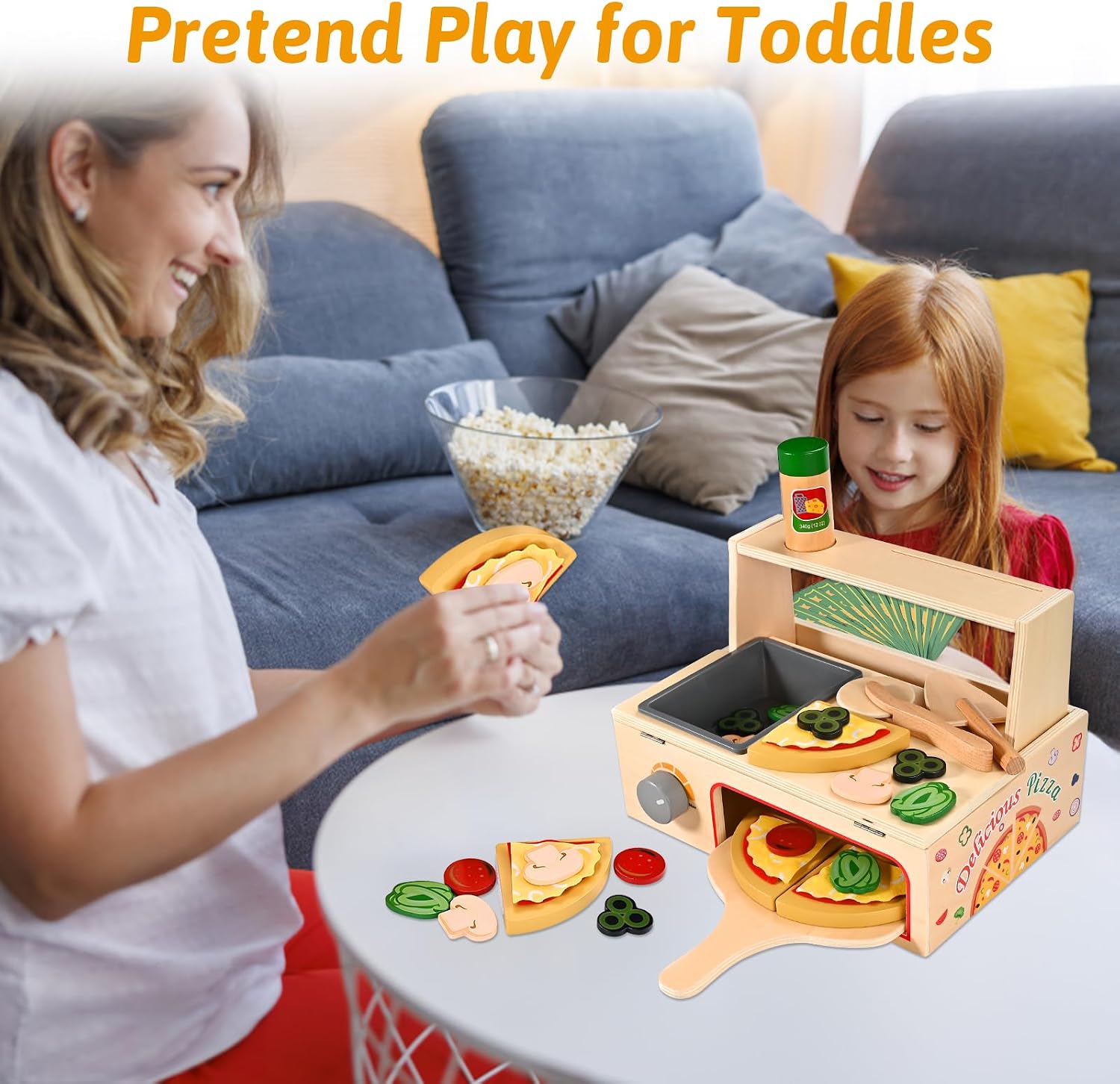 Wooden Pizza Toy, Wooden Pizza Counter Playset with Bake Oven, Montessori Pretend Play Toys, Play Food and Accessories, Cooking Pretend Play Toys for Boys Girls Age 3